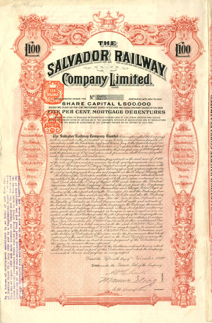 Salvador Railway Co. Limited - £100 Bond